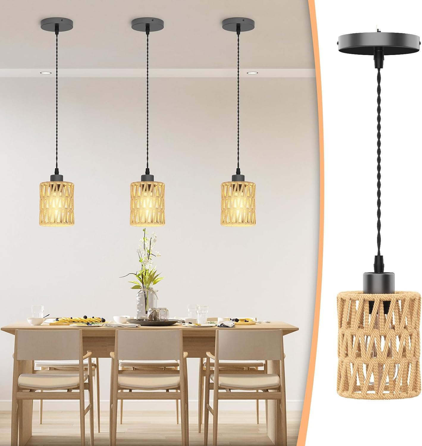 3Packs Boho Rustic Hemp Rope Pendant Light Hand-Woven Rattan Cage Basket Coastal Light Fixture Farmhouse Wicker Hanging Lighting for Kitchen Island Dining Room Bedroom