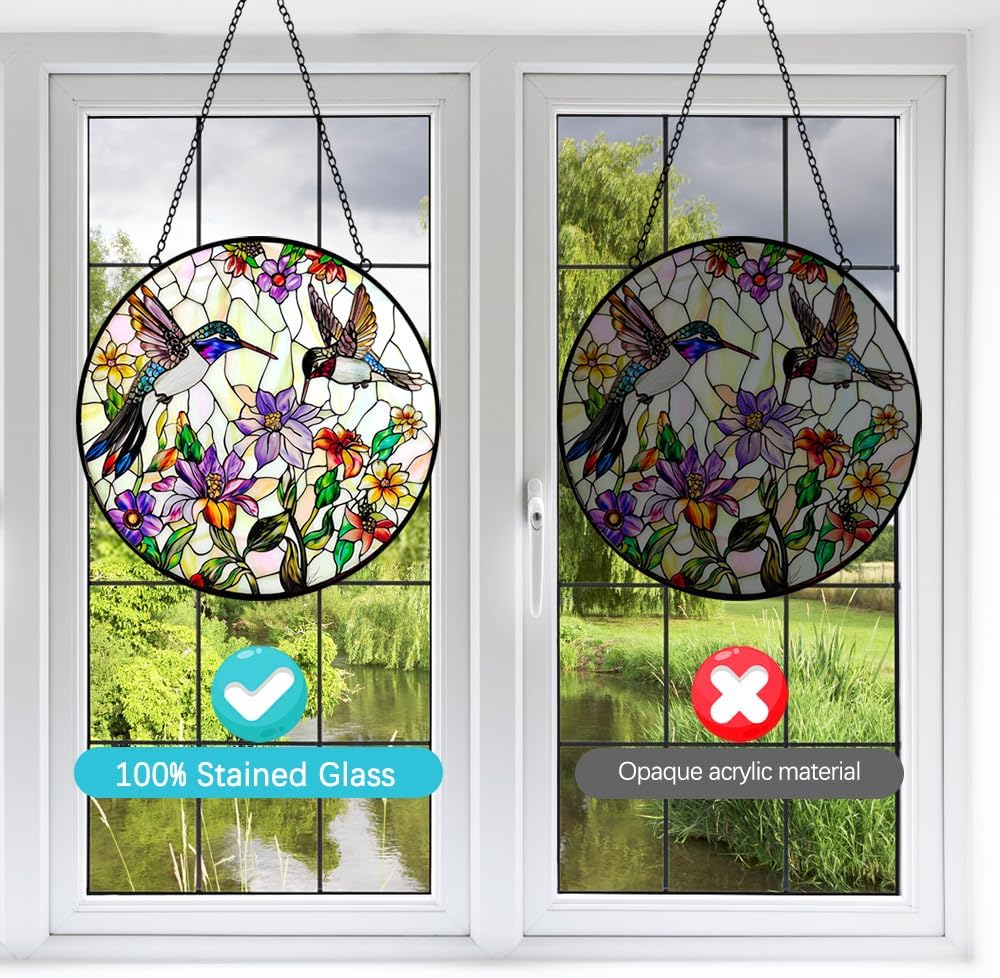 Hummingbird Sun Catcher Stained Glass Window Hanging - Wildflower and Bird Suncatchers for Windows Stained Glass Suncatcher - Sun Catchers Indoor Wall Art Home Decor Gift for Women Mom Bird Lovers