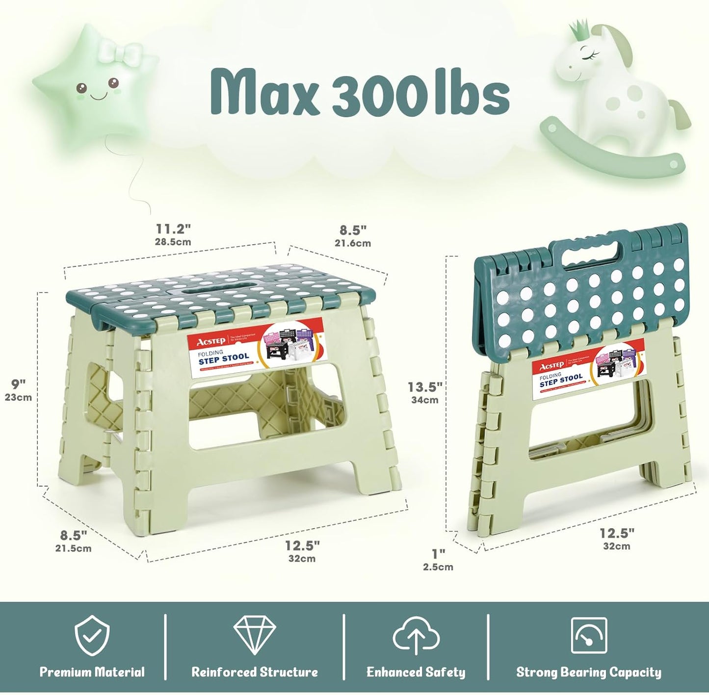 ACSTEP 9 Inch Folding Step Stool 300 LB Capacity Plastic Foldable Step Stools for Kids and Adults, Folding Stool Suitable for Kitchen, Stepping Stool with Handle Bicolor Green Small Step Stool 1PC