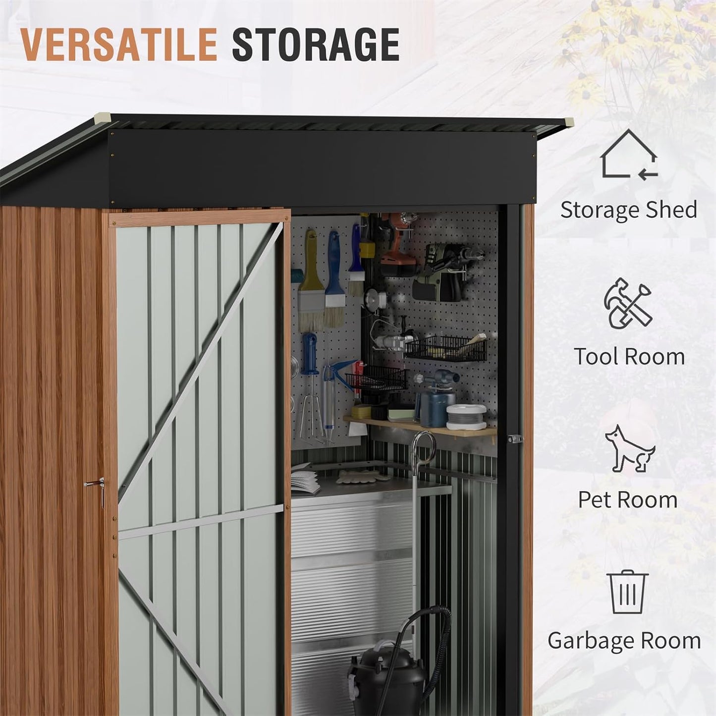 5x3 Ft Storage Shed, Outdoor Metal Shed with Floor Base& Lock, Small Lean to Shed, Compact Vertical Outside Bike Tiny House for Garden, Backyard, Patio, Tool