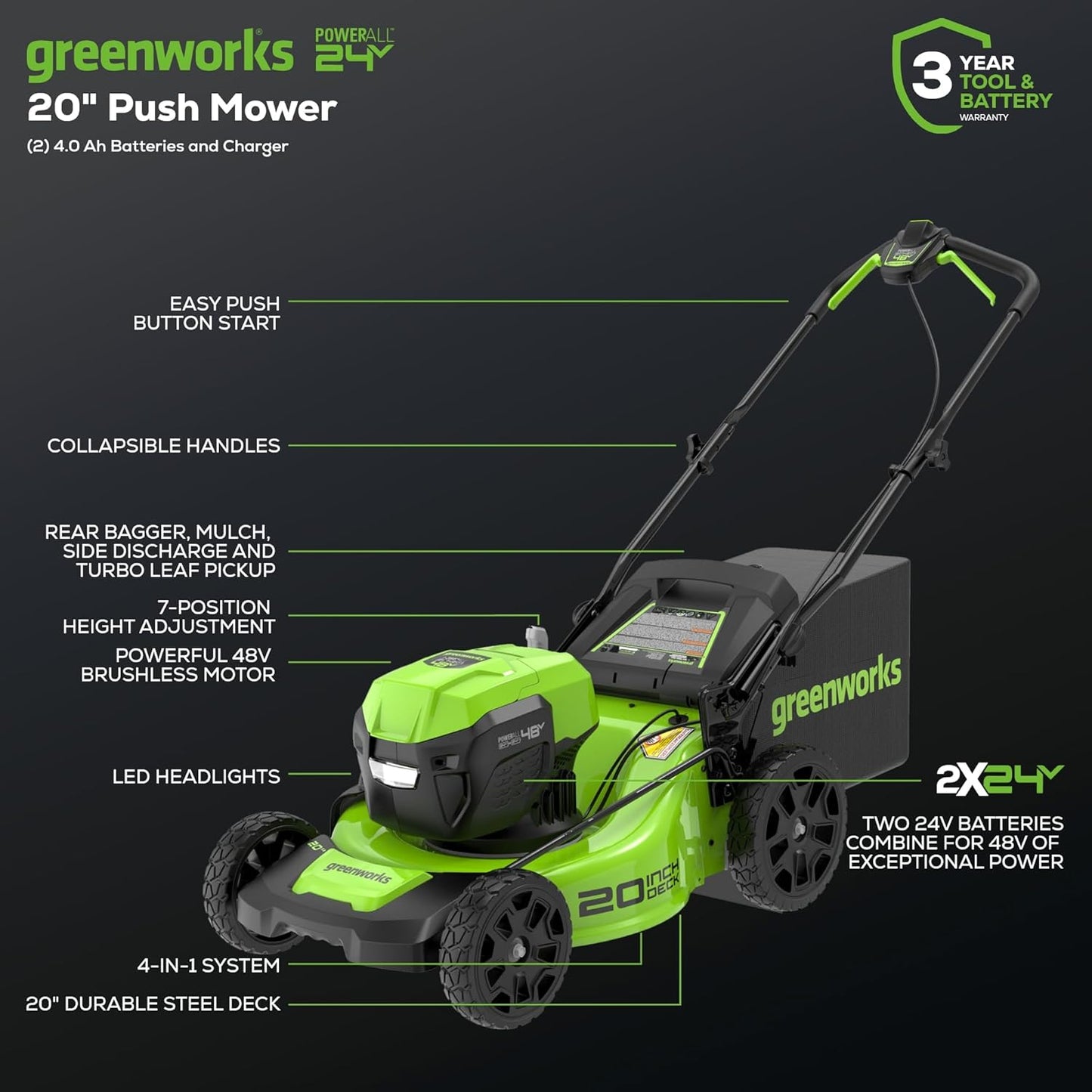Greenworks 48V (2 x 24V) 20" Brushless Cordless (Push) Lawn Mower (LED Headlight), (2) 4.0Ah Batteries and Dual Port Rapid Charger Included (125+ Compatible Tools)