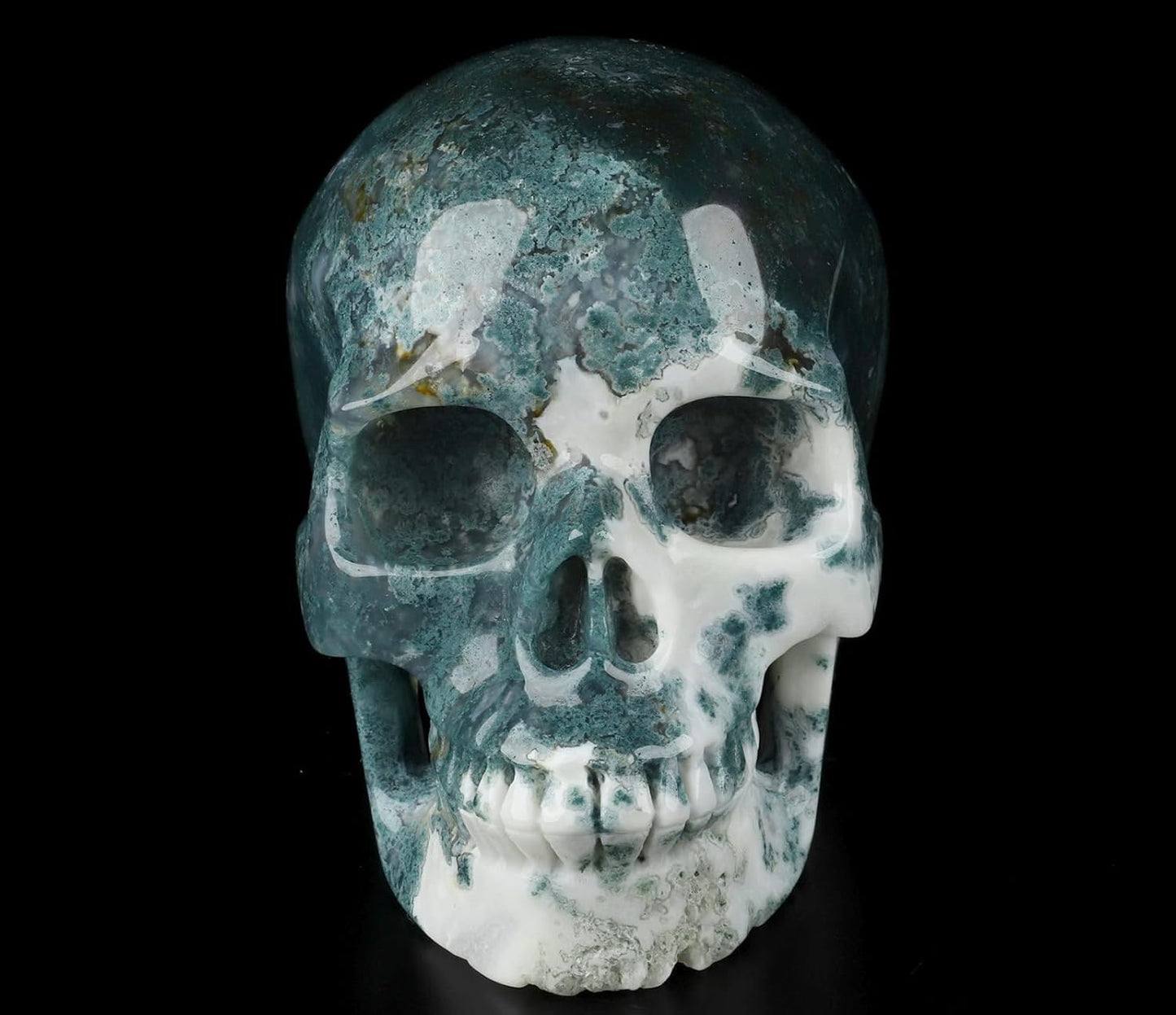 Skullis 5.0" Green Moss Agate Crystal Skull, Hand Carved Gemstone Fine Art Sculpture, Reiki Healing Stone Statue.2057