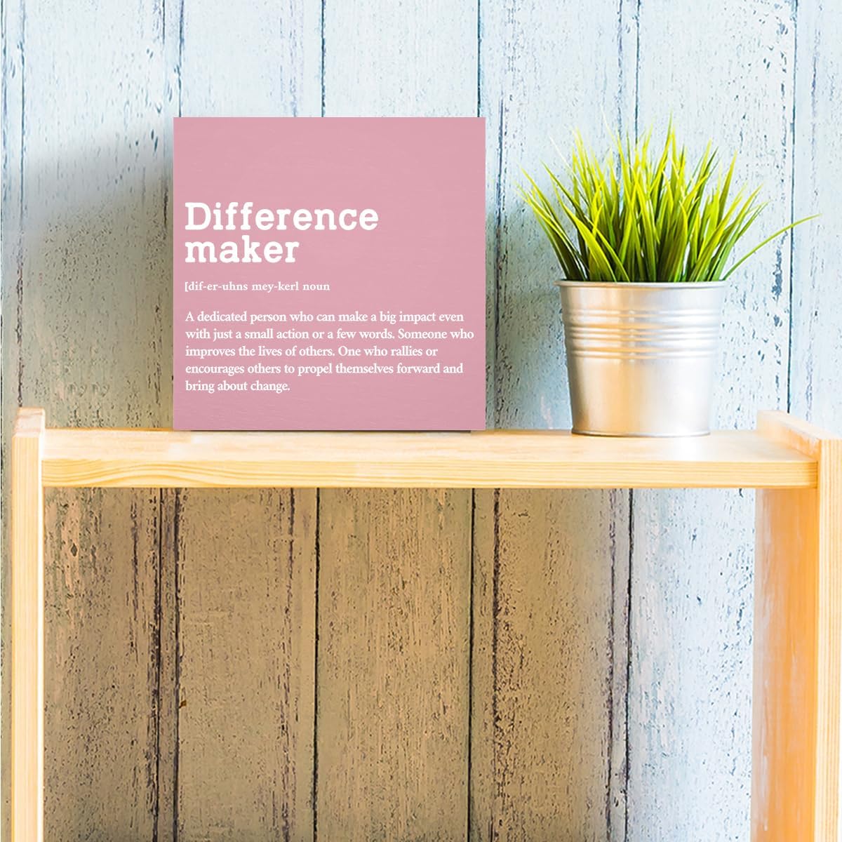 Difference Maker Definition Home Office Decor Wooden Box Sign, Motivational Retirement Thank You Gifts for Women Teacher Boss Lady Mom Coworker Farmhouse Desk Decor Table Shelf Wall Display, Pink