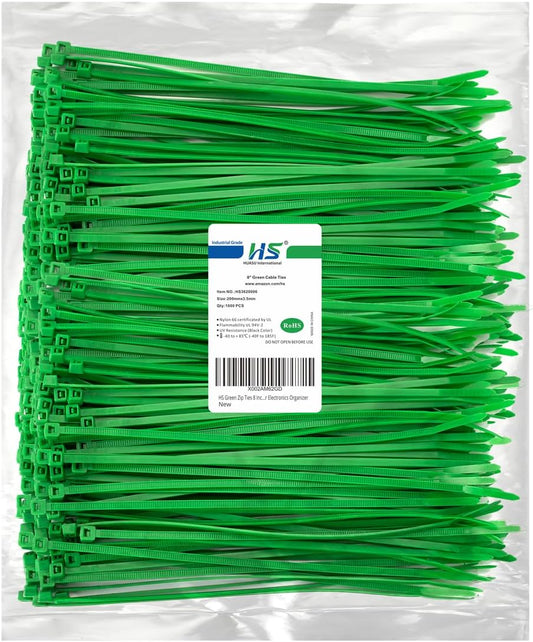 HS Green Zip Ties 8 Inch (Bulk-1000 Pack) Nylon Cable Ties 40 Lbs Self-Locking Wire Ties for Electronics Organizer