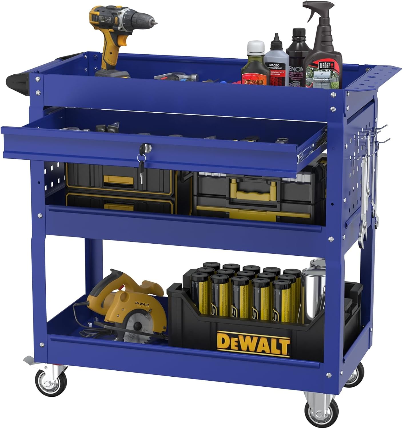3 Tier Rolling Tool Cart, Heavy Duty Tool Cart on Wheels, Metal Utility Cart with Locked Drawers, Ideal for Garage, Warehouse and Repair Shop (Dark Blue)