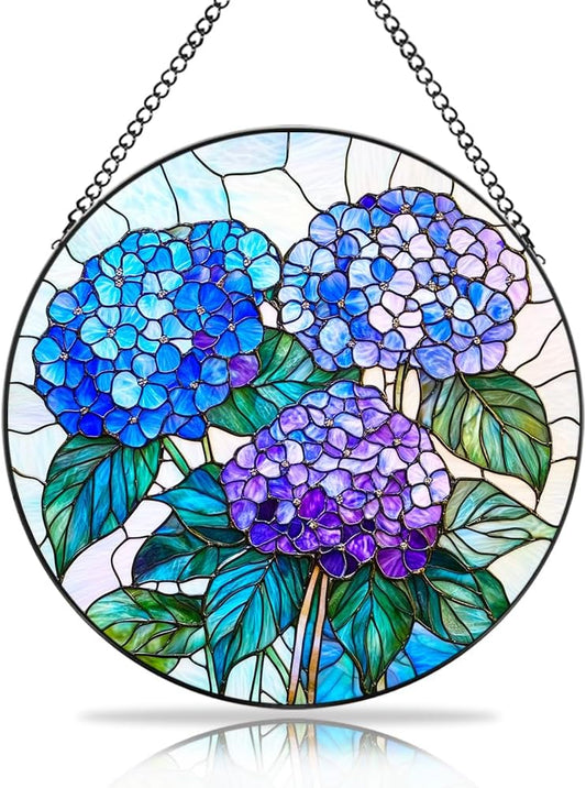 Handmade Hydrangea Flower Stained Glass Suncatcher - Vibrant Window Décor for Home/Garden,Gift-Ready Sun Catcher Art with Hook (Blue, 9.8 * 9.8IN)