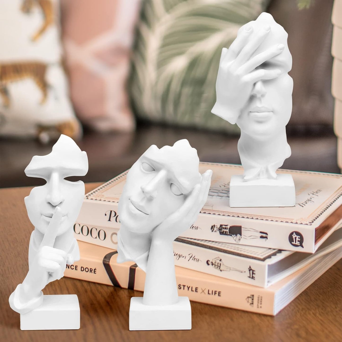 3 Pcs Thinker Statue, Silence is Gold Abstract Art Figurine, No Hear No See No Speak Modern Home Resin Sculptures Decorative Objects Decor for Home Office Bookshelf Desktop(White), A-41