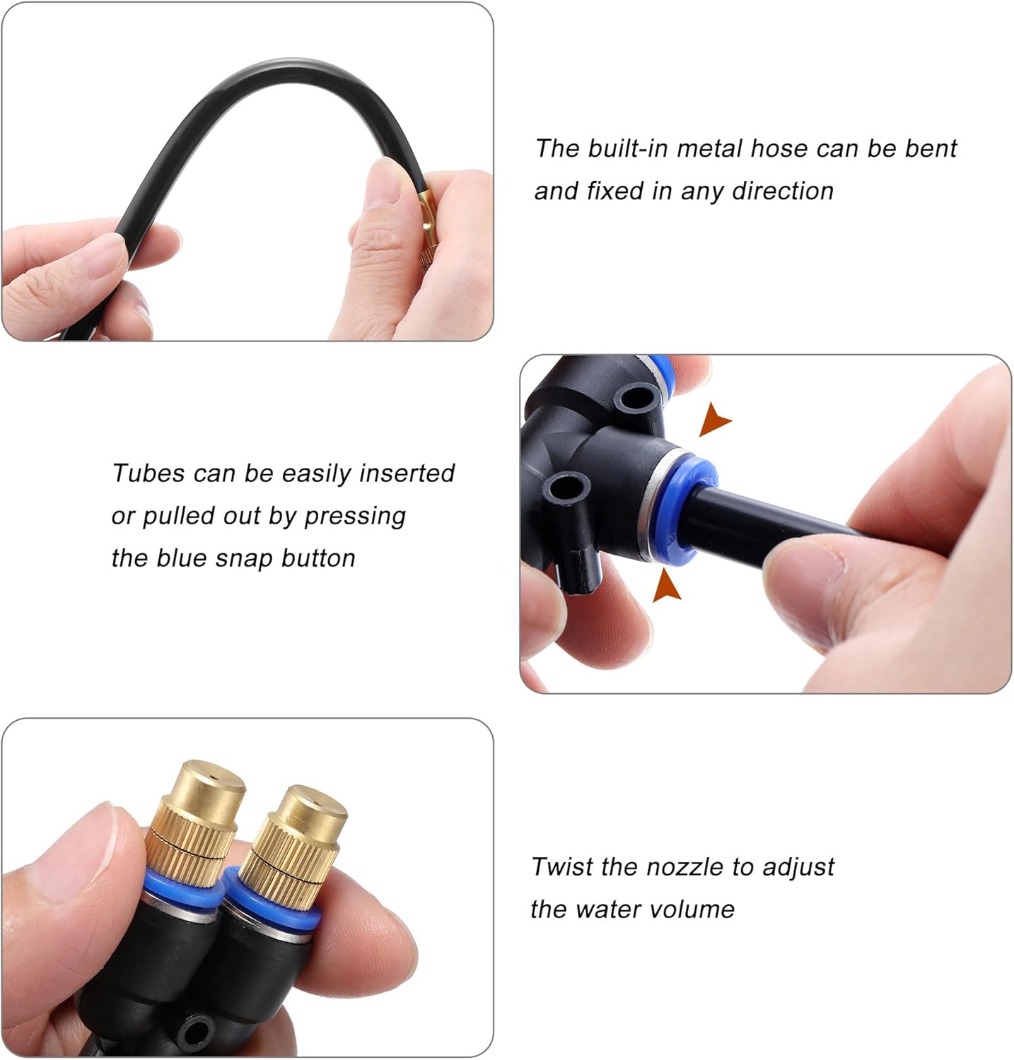 Mornajina 3Packs 2 Way Brass Misting Nozzles Tee with 5inch Built in Hose for Outdoor Cooling System, Adjustable 360° Rotation, Water Mister Nozzles Thread Sprayer 0.043" (1.1 mm)