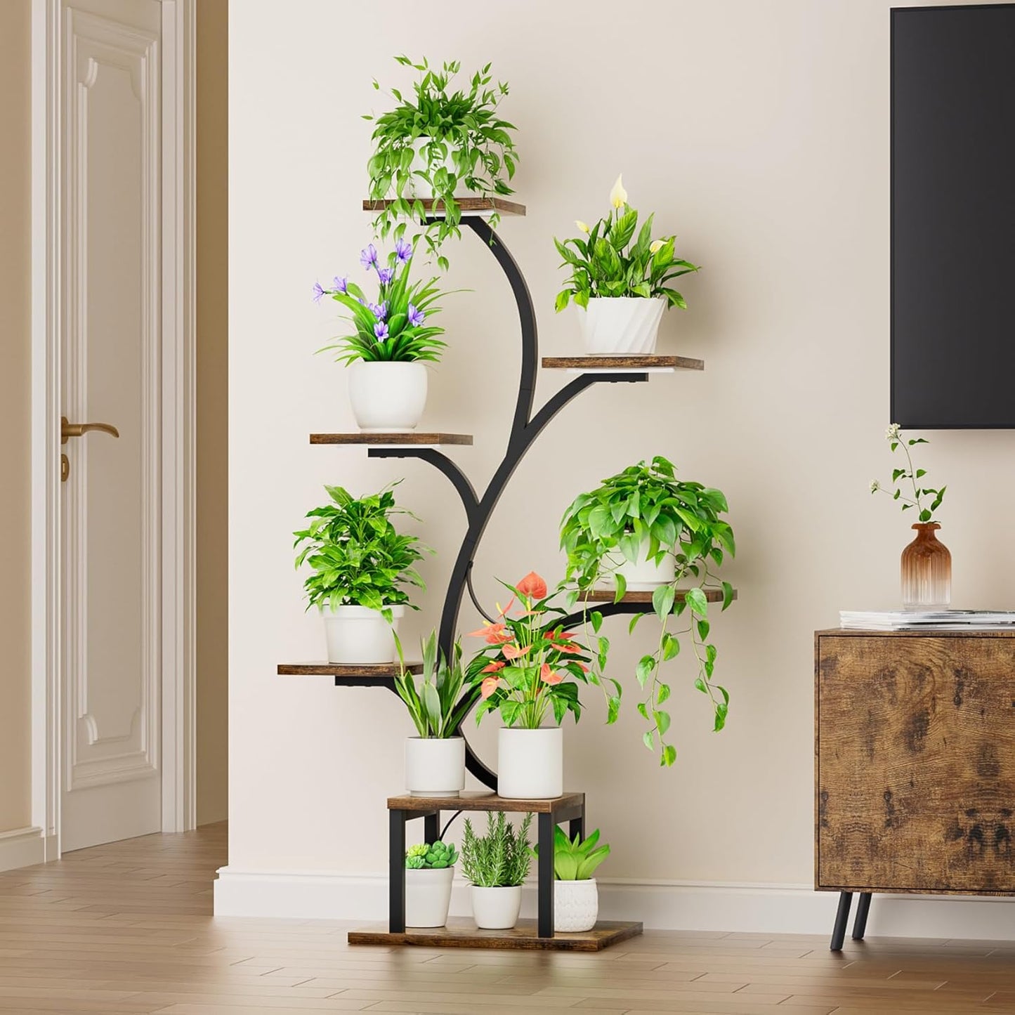 Plant Stand Indoor with Grow Lights, 7 Tiered Indoor Plant Shelf, 49" Corner Plant Stands for Indoor Plants, Metal Plant Flower Display Shelves, Tree-Shaped Plant Rack for Home, Patio, Black