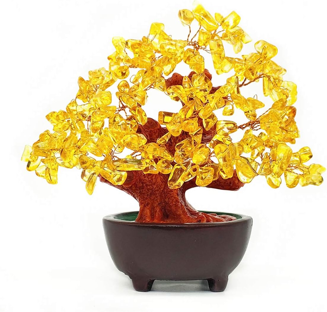 7 Inch Quartz Crystal Money Tree Bonsai Feng Shui Gem Decoration for Wealth and Luck (Yellow)