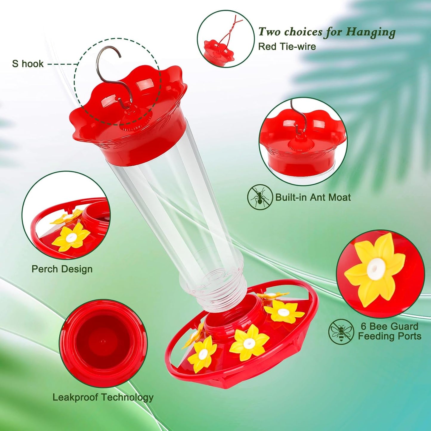 FEED GARDEN 10oz Plastic Hummingbird Feeders for Outdoors - 2 Pack, Ant & Bee Proof, 6 Feeding Ports, Easy Clean Red Nectar Feeders for Outside Hanging, Gifts for Mom