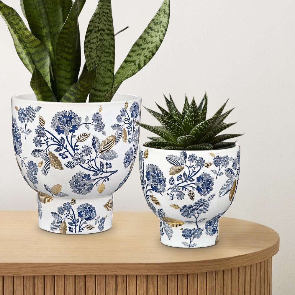7.6/5.5 Inch Decorative Flower Pots, Blue and White Plant Pot Gold Accent Ceramic Planters for Indoor Plants Pots with Drainage Retro Planter Pot for Succulents Cactus Herb Snake Plants Outdoor Garden