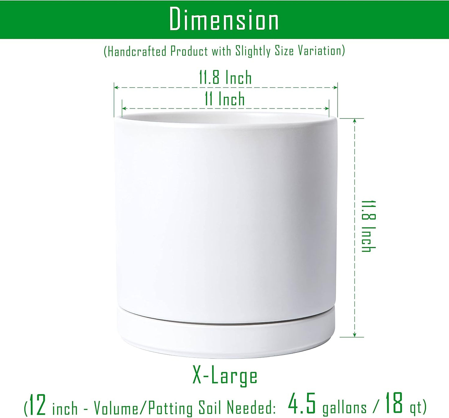 D'vine Dev 12 Inch Ceramic Planter Pot with Drainage Hole and Saucer, Indoor Cylinder Round Planter Pot, White, 94-O-F-1