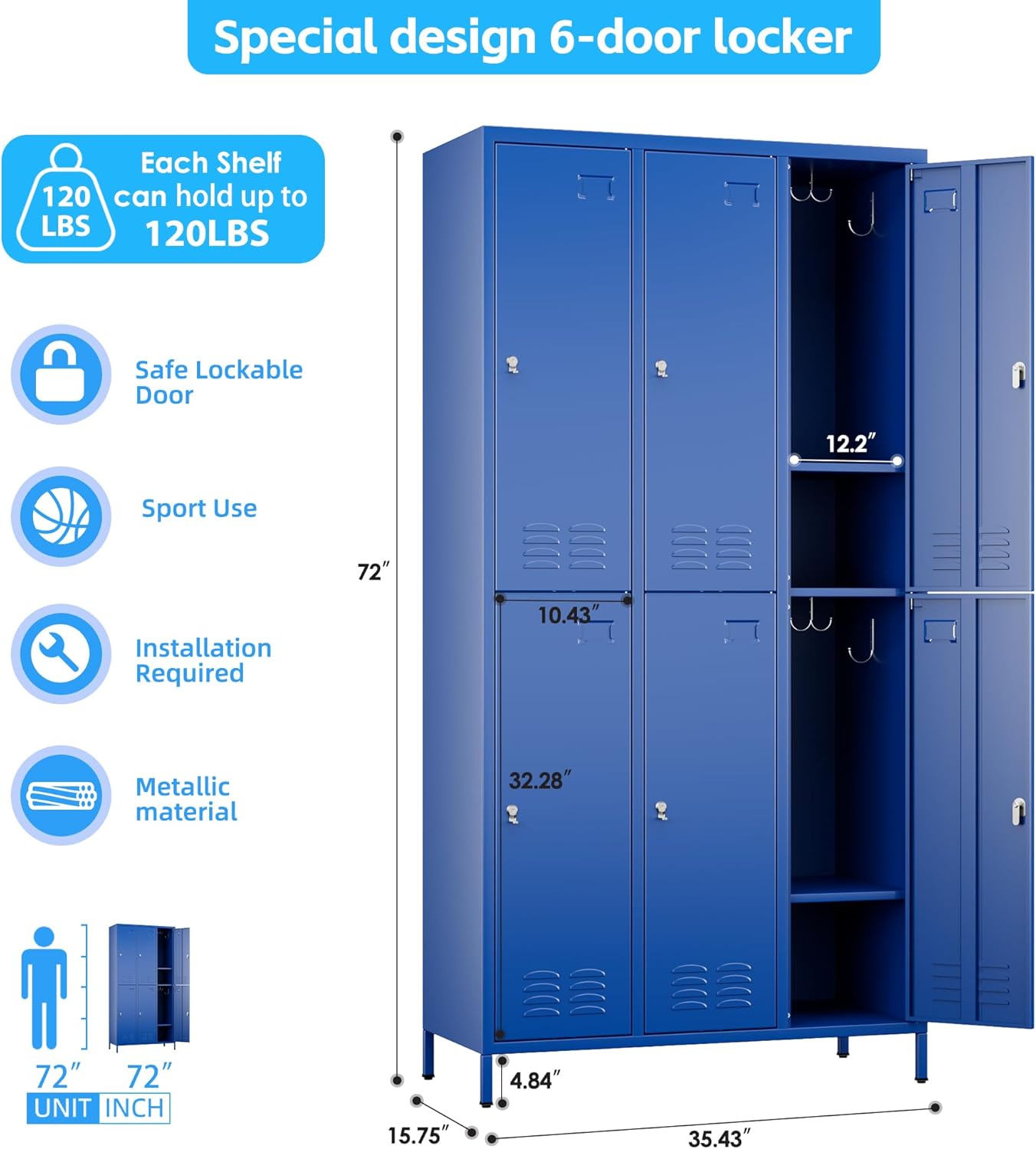 6 Doors Metal Storage Lockers for Employees with 18 Hooks,72" H Employee Lockers with Business Card Holder for Offices School Gyms Home,Assembly Required,Blue
