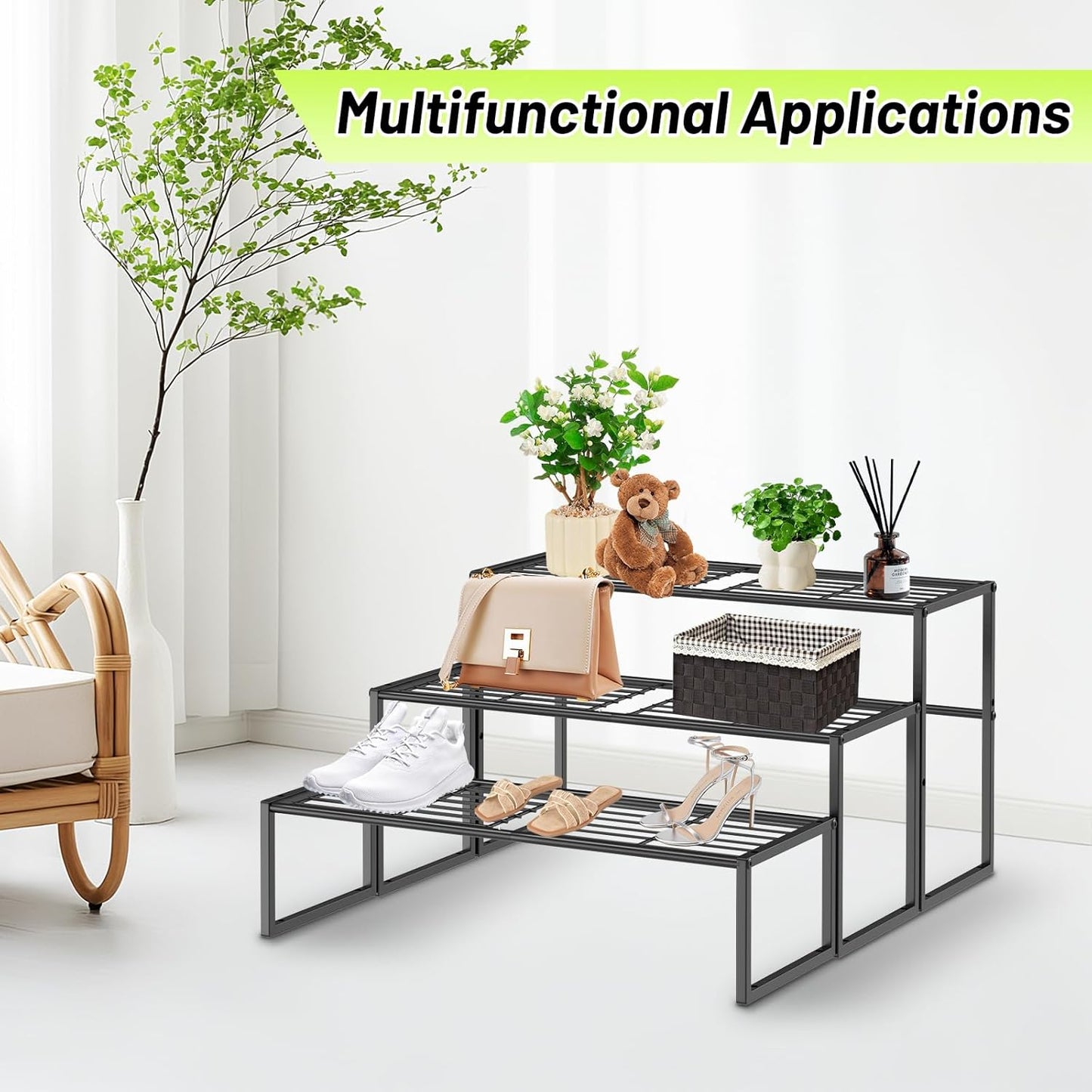 Metal Plant Stand Indoor Outdoor, 3 Tier Potted Multiple Flower Pot Holder Rack Plant Shelf, Heavy Duty Planter Display Shelving for Patio Balcony Garden Living Room Decorative (Black-3 Tier)