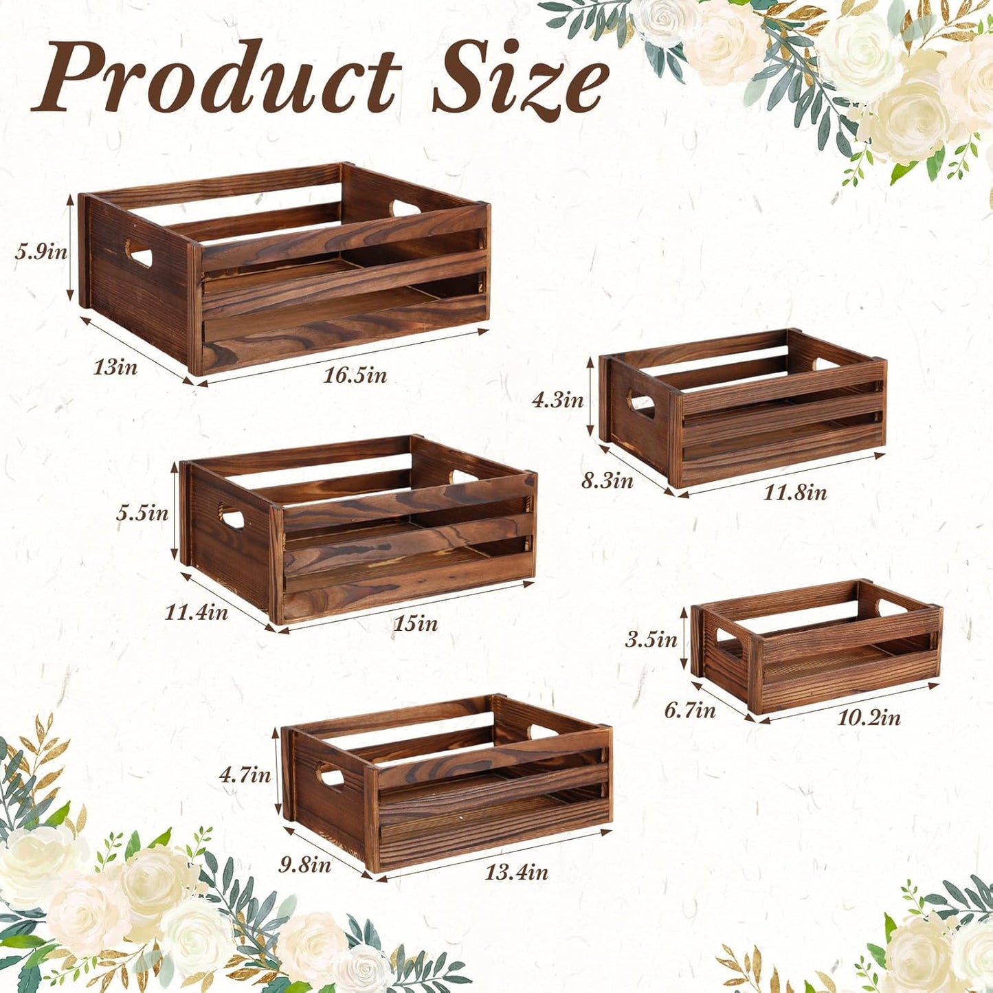 5 Pack Decorative Wood Crates for Display 5 Sizes Rustic Nesting Wooden Crates Vintage Storage Container Boxes with Handles Handmade Decorative Baskets Bin for Farmhouse(Rustic Brown)