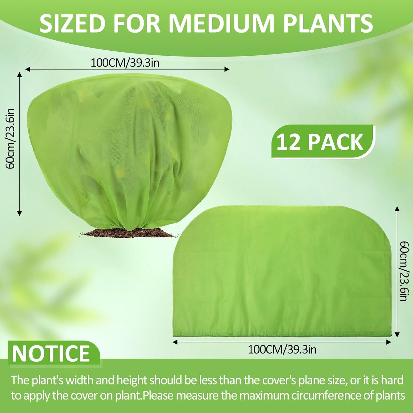 12 Pcs Winter Plant Covers Freeze Protection 39.4x23.6 Inch Horizontal Shrub Tree Rose Plant Protection Bags Frost Blanket with Drawstring for Fall Winter Outdoor Garden Planting (Green)