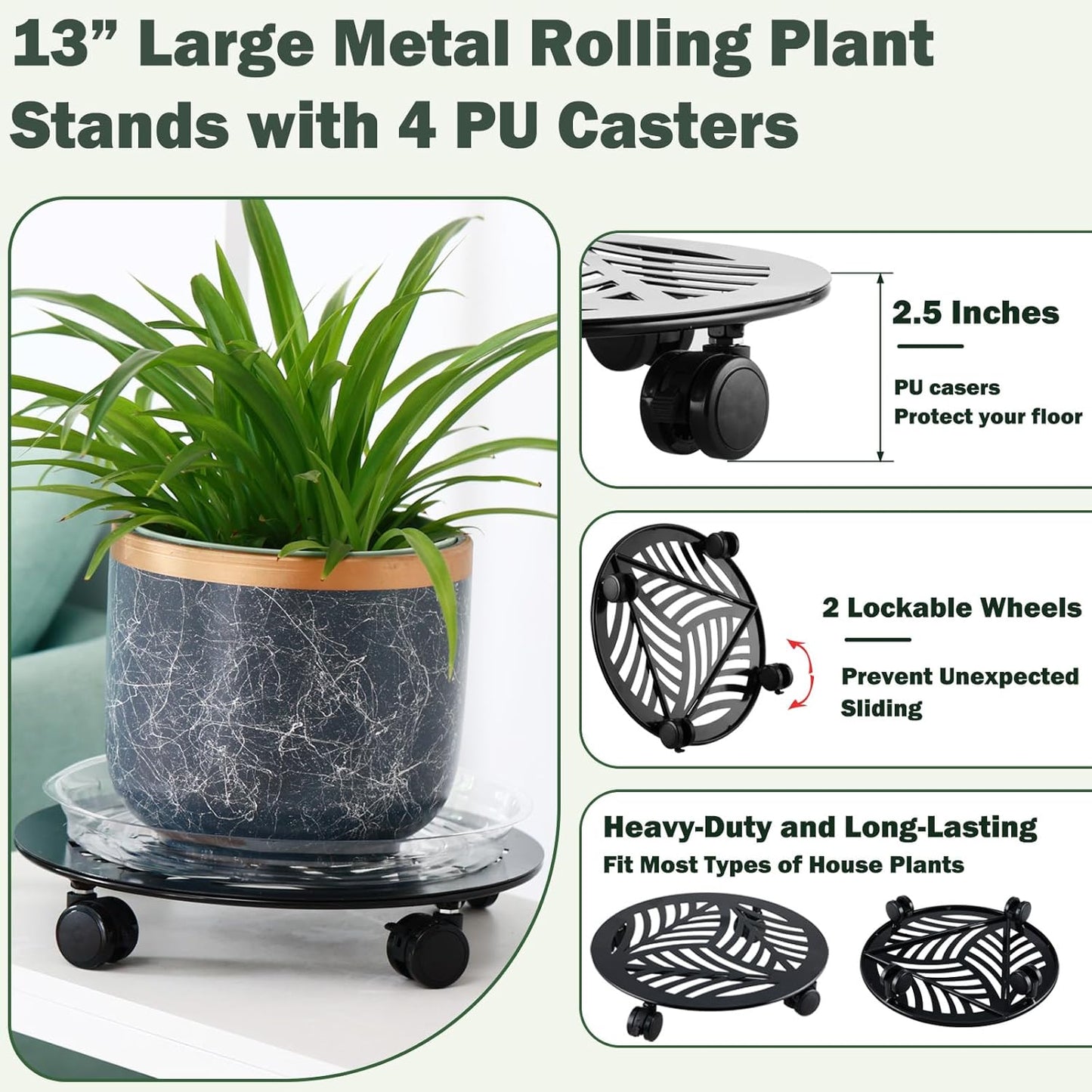 2 Packs Large Metal Plant Caddy with PU Wheels 13" Heavy-Duty Wrought Iron Rolling Plant Stands Indoor Outdoor Wheeled Plant Dolly Planter Mover Rollers Plant, Leaf Style
