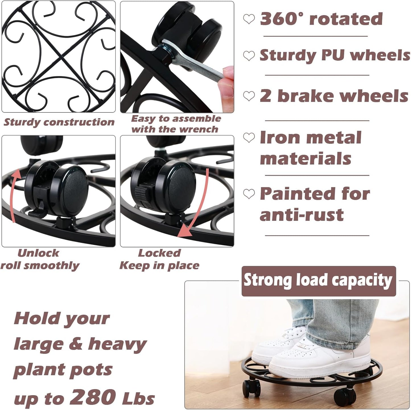 12" Metal Plant Caddy with Wheels 5 Packs Rolling Plant Stands Indoor Wheeled Plant Dolly Heavy-duty Pot Mover Roller Base Outdoor Plant Trolley Cart with Brake Casters Water-proof Dust-proof, Black