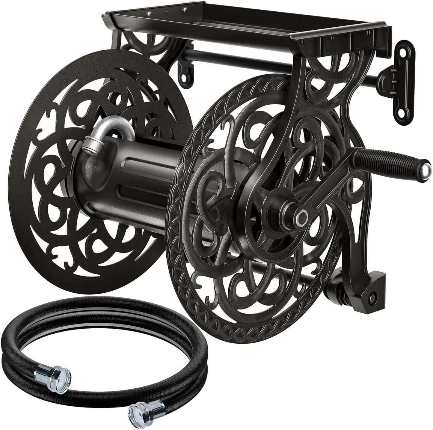 Metal Decorative Garden Hose Reel, Heavy Duty Hose Holder for Outside, Aluminum Frame, No-Leak Aluminum Water System, Easy Assmbly, Wall Mount, Holds 135 ft x 5/8" Hose Storage, Dark Bronze