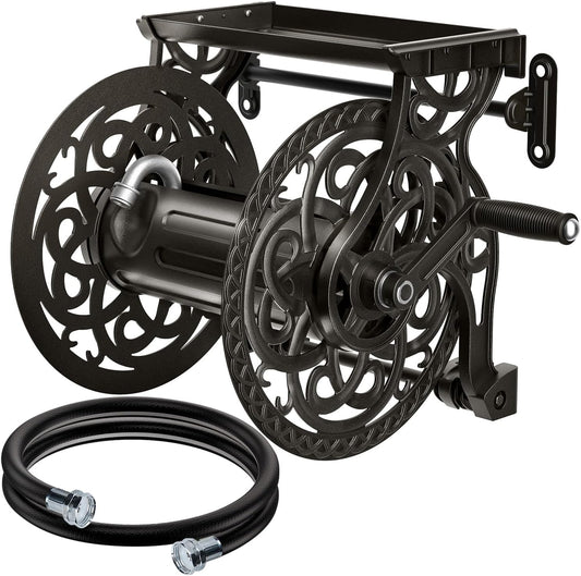 Metal Decorative Garden Hose Reel, Heavy Duty Hose Holder for Outside, Aluminum Frame, No-Leak Aluminum Water System, Easy Assmbly, Wall Mount, Holds 135 ft x 5/8" Hose Storage, Dark Bronze
