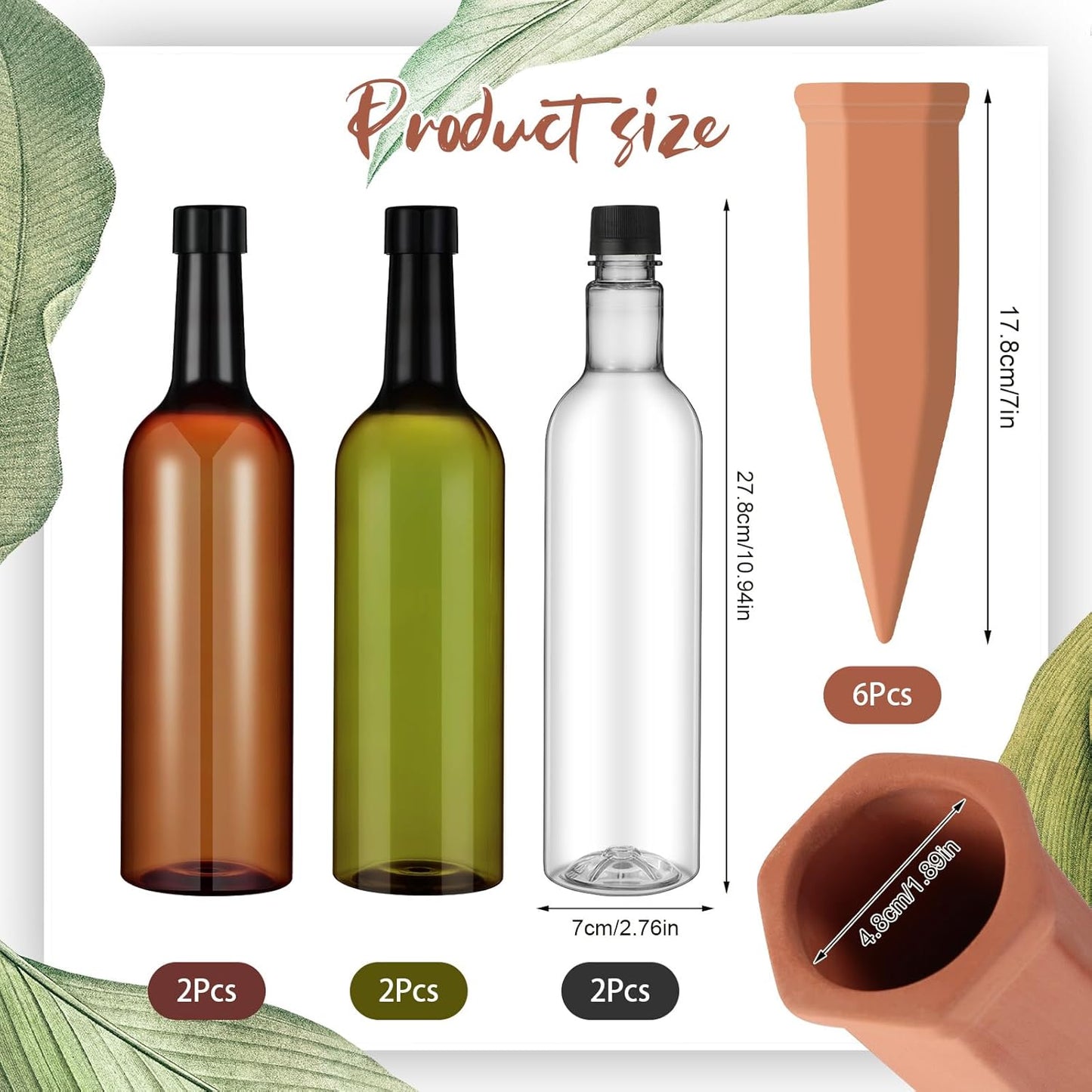 6 Sets Plant Watering Devices Include Terracotta Self Watering Spikes and 26 oz Plastic Bottles, Slow Release Vacation Insert Automatic Plant Waterer Device (Green Clear Brown and Terracotta)