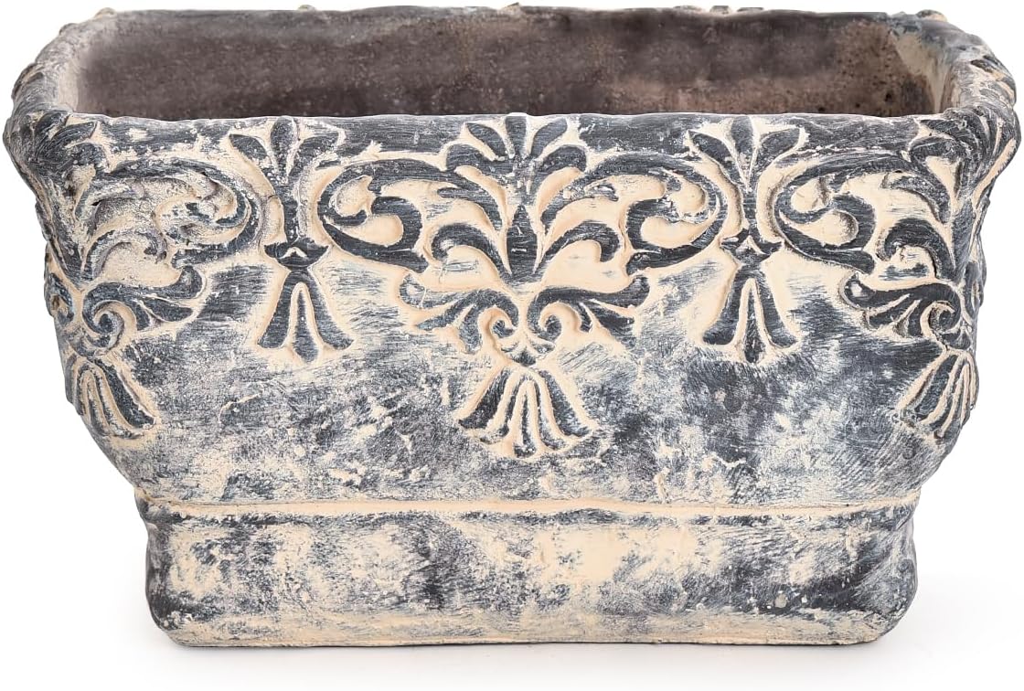 Sungmor 9.2 Inch Cement Plant Pot for Plants, Succulent Planter with Embossed Design, Vintage Concrete Flowerpots with Drainage Hole, Decorative Orchid Houseplant Pot Indoor Outdoor Plant Container