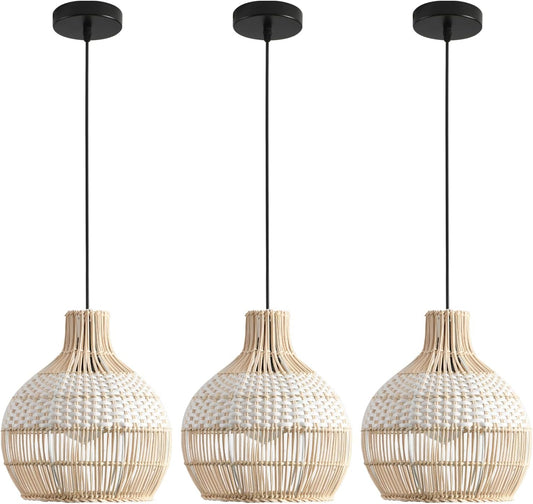 3-Pack Fax Rattan Pendant Light Fixture Mini Hand-Woven White Rattan Chandelier 10.24" Boho Wicker Hanging Lamp for Dining Living Bedroom Kitchen Farmhouse