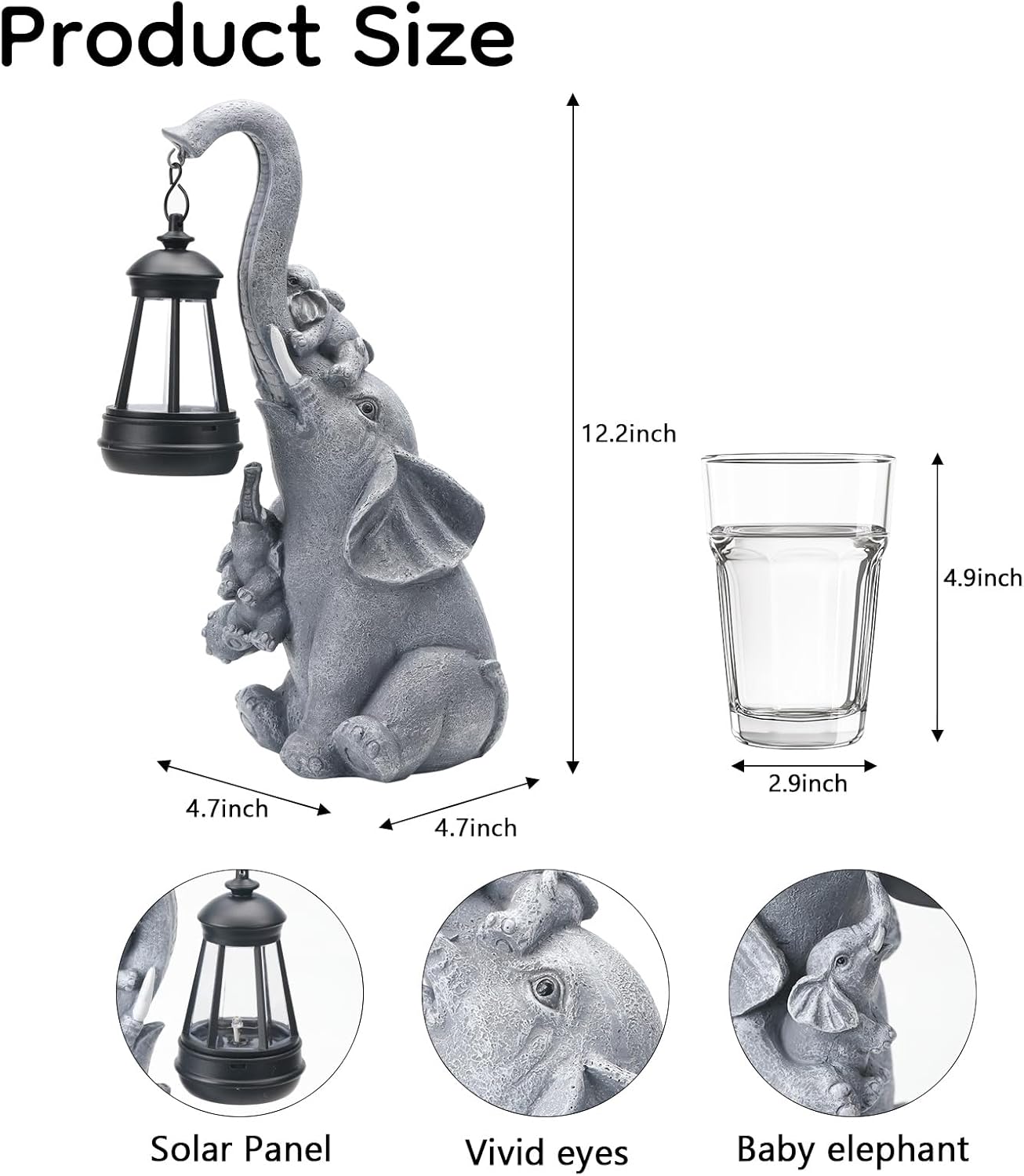Solar Elephant Garden Lantern Statue Decor - Blessing Guardian, Auto On/Off Weatherproof Resin for Patio, Safari Theme & Good Luck Gift