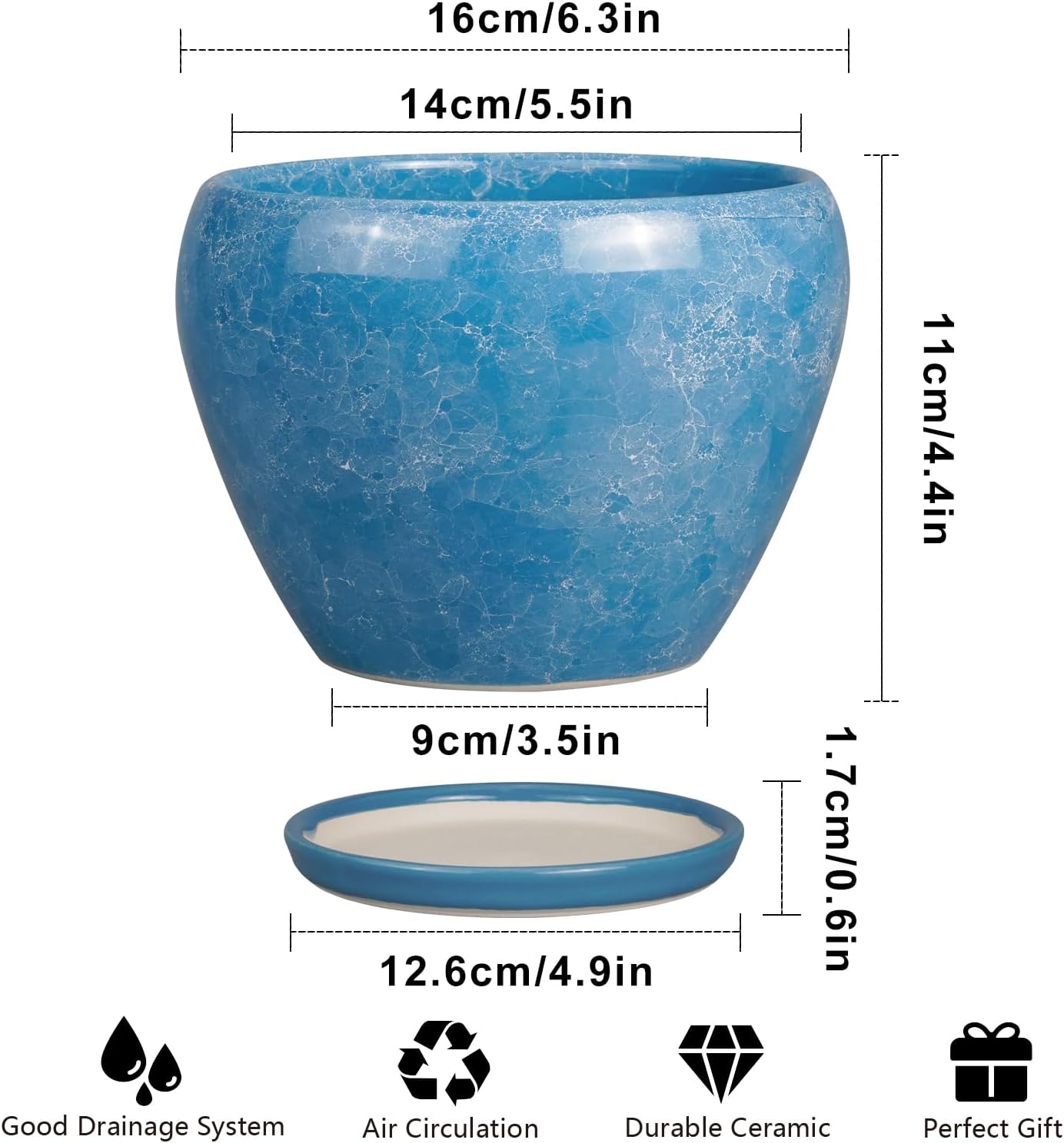 6 Inch Plant Pot - Ceramic Planter Pot with Drainage Hole and Saucer, Glaze Succulent Pot Modern Round Flower Pot for Indoor Plants, Blue