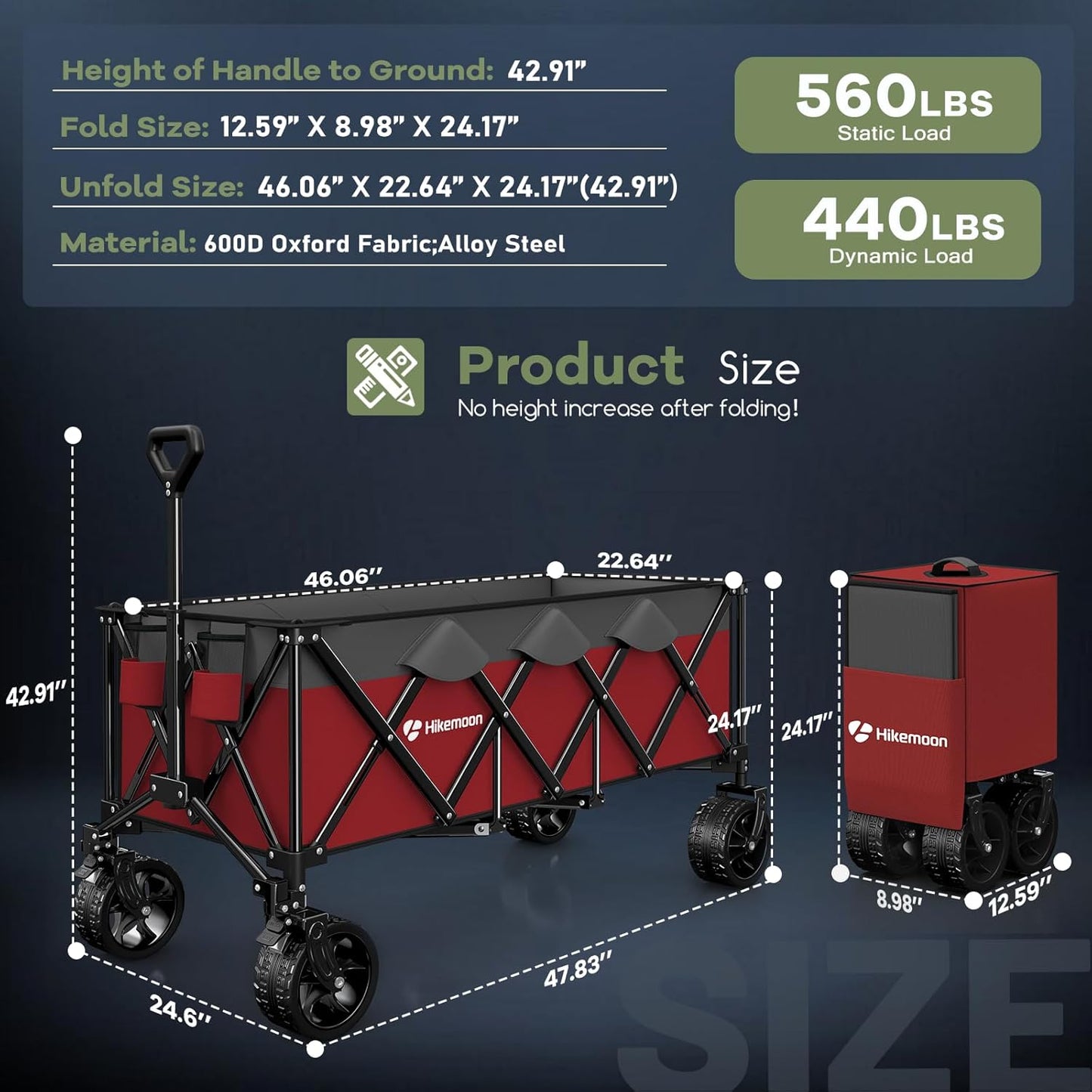 300L Extra Large Wagons Carts Foldable, 560LBS Heavy Duty Collapsible Beach Wagon 48" Long with Big All-Terrain Wheels, Utility Folding Cart for Camping, Grocery, Sports, Garden, Red & Grey