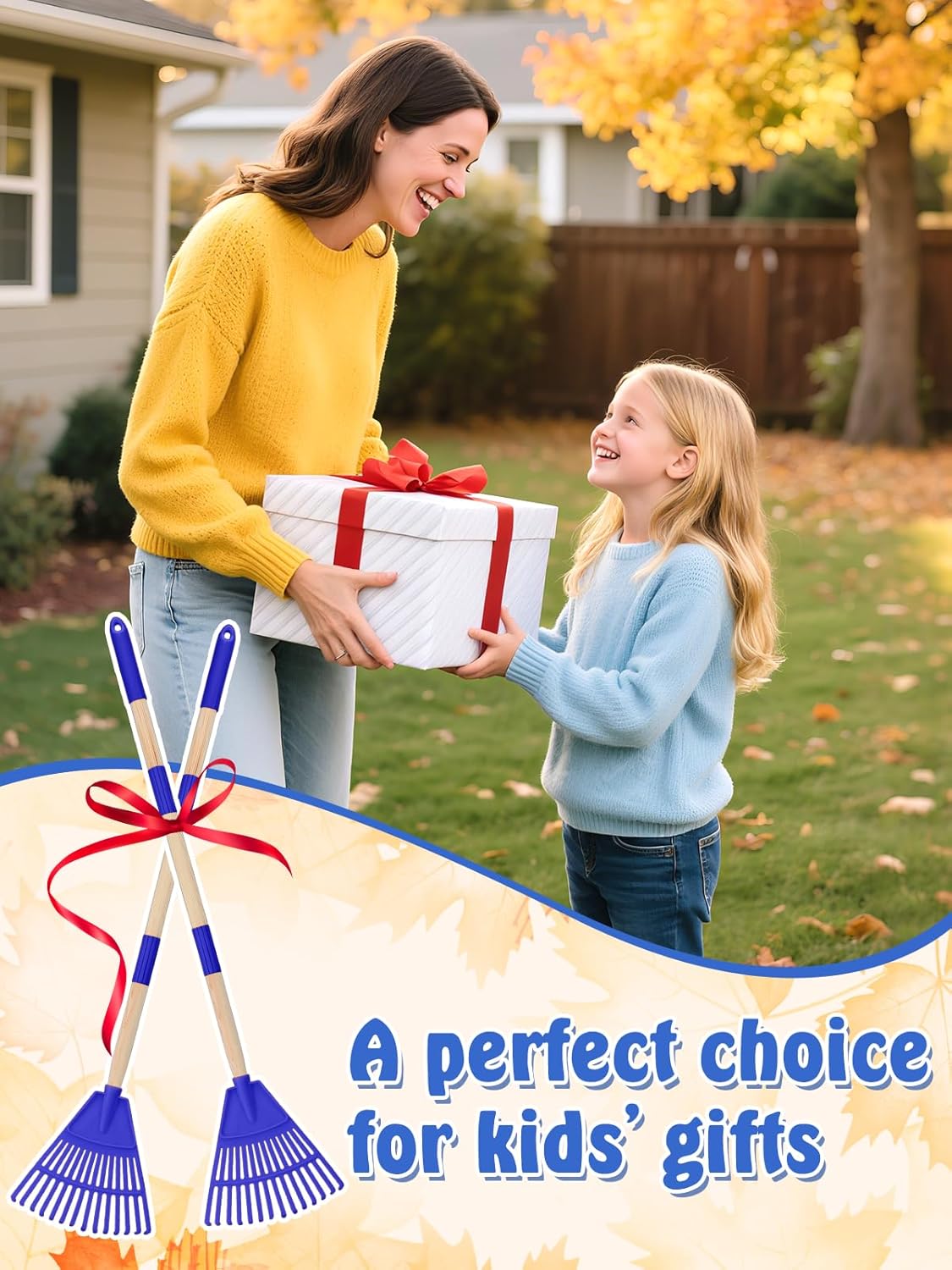 Acostop 2 Pcs Kids Rakes with Wood Handle - 34" Lightweight Plastic Garden Rake for Leaves, Safe to Use Kid Yard Tools for Boys Girls Fall Gardening Gifts (Blue)