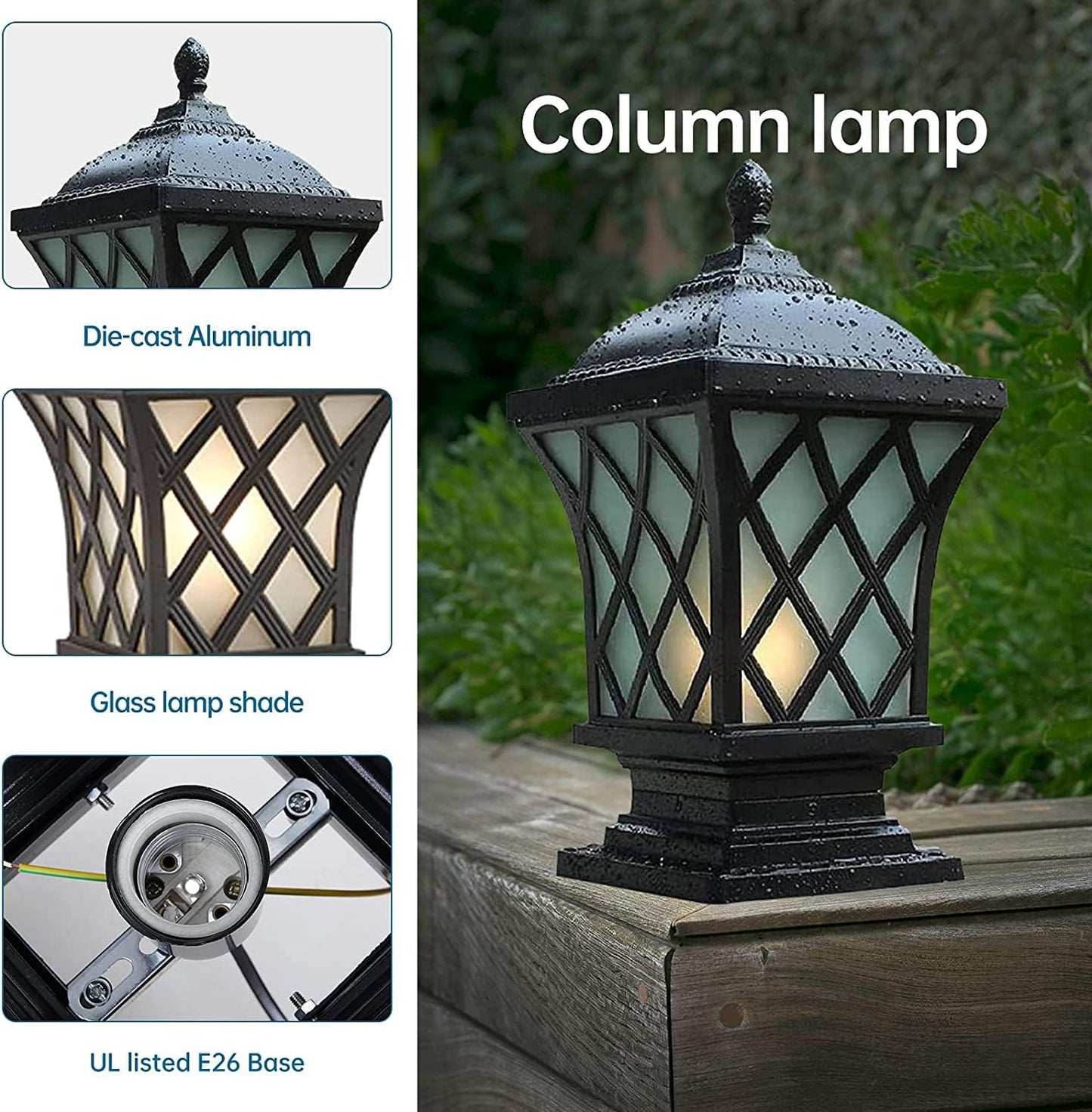Outdoor Column Lights, 18.9″ Modern Column Lamp IP54 Waterproof Glass Post Light Outdoor E26 Aluminum Fence Post Light Fixtures for Villa Garden Park Lighting Black Pillar Lights