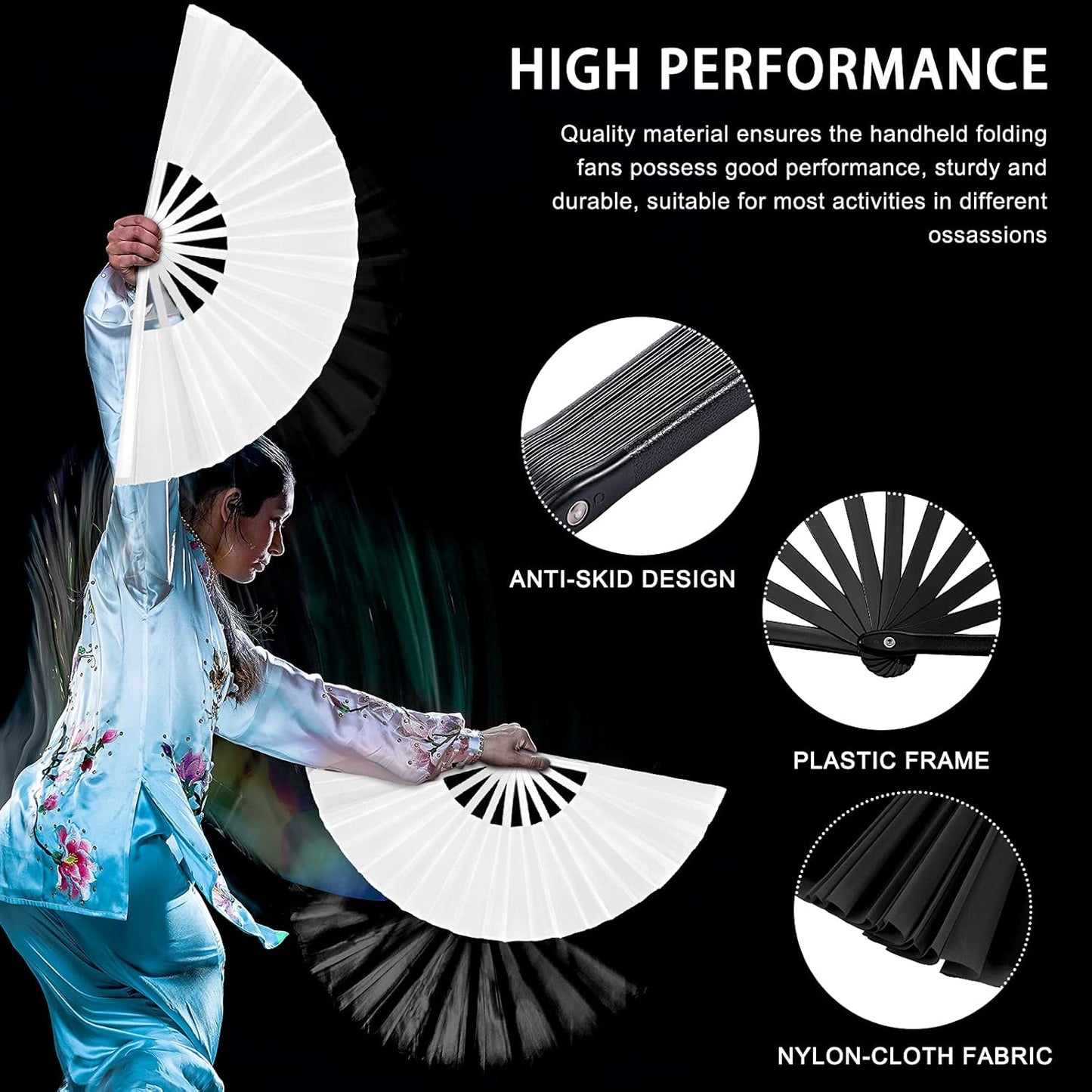 Blulu 4 Pcs 13 Inch Large Folding Hand Fans for Line Dancing Big Clapping Popping Raves Fans Bulk for Dancing Boots on The Ground Festival Party Decoration(Classic Style, Black, White)