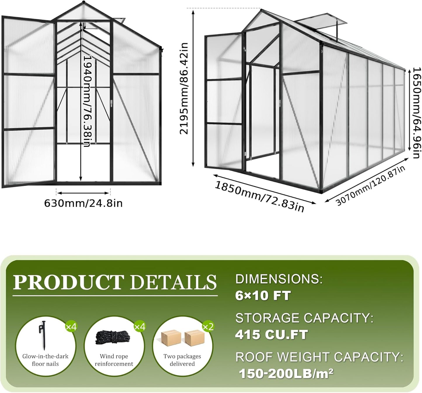 7.2FT High 6*10.2FT Greenhouse for Outdoors,Polycarbonate Greenhouse with Stronger Wind Protection and Roof Vent,Walk-in Large Aluminum Sunroom Winter Proof,Black