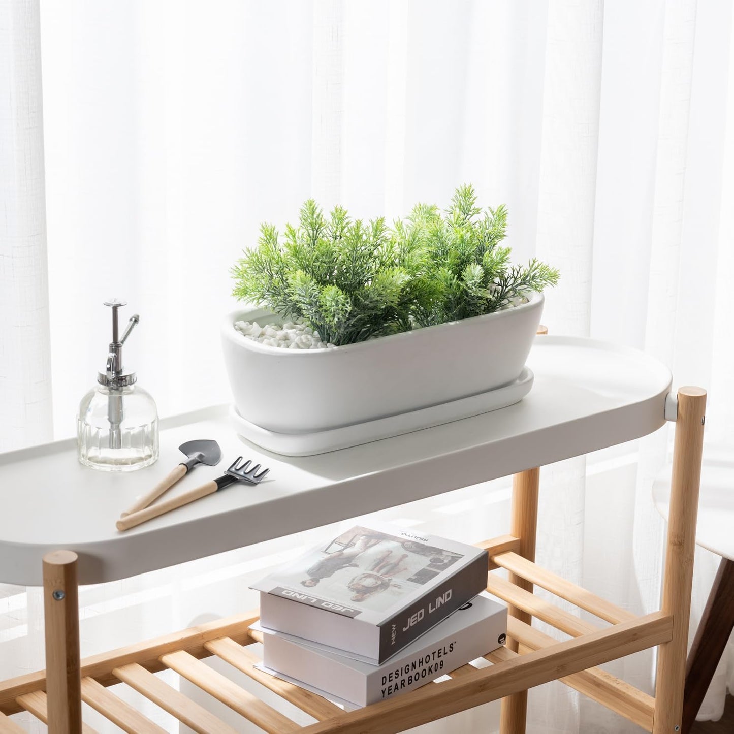 MyGift 14 Inch Oval Modern Matte White Ceramic Succulent Planter Pot with Drainage Hole and Removable Saucer, Decorative Indoor House Plant Container for Flowers, Cactus, Herbs