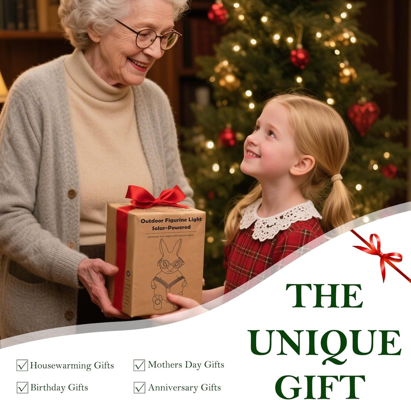 Solar Garden Decor, Adorable Rabbit Statue with Solar-Powered Glasses, Outdoor Bunny Figurine Lights for Patio, Yard & Balcony, for Kids, Mom & Grandma