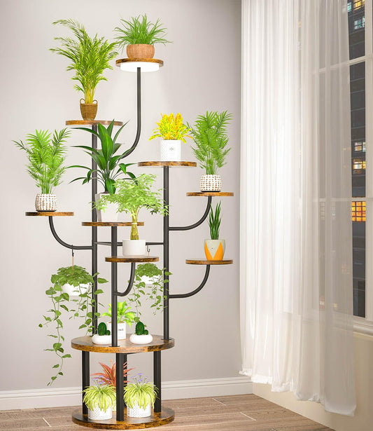 60" Tall Indoor Plant Stand 10 Tiered Adjustable with Grow Light,Metal Rotating Plant Shelf for Multiple Plant Display Indoor, Flower Holder Stand for Living Room,Bedroom,Office,Balcony