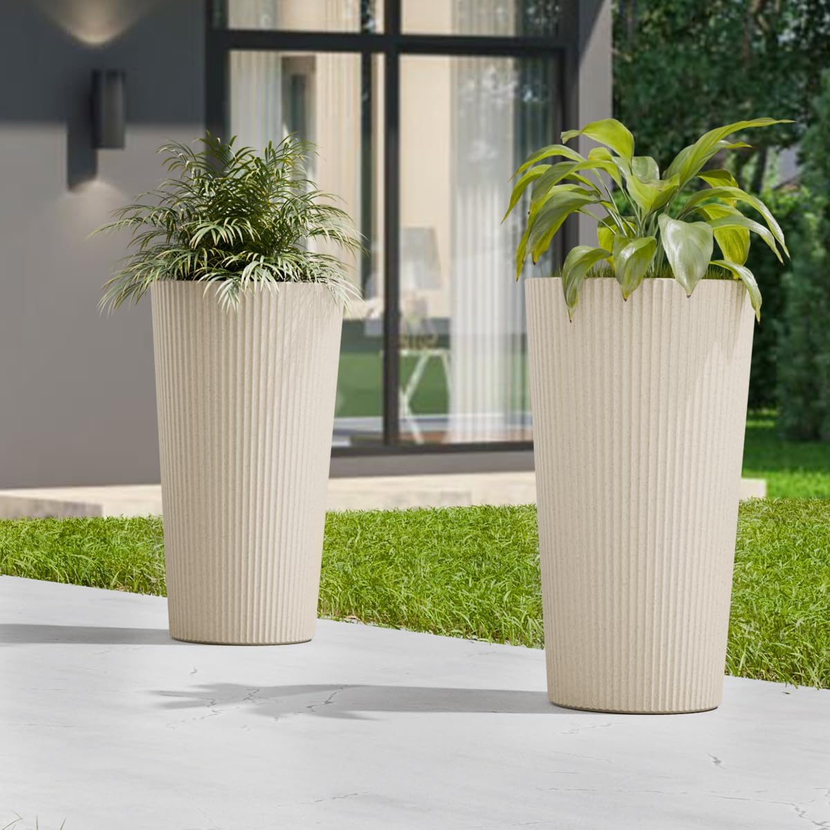 23.6" Tall Outdoor Planters, Set of 2 Large Plastic Flower Pots for Indoor & Outdoor Use, Modern Striped Decorative Garden Planters with Drainage Holes for Patio, Porch, Balcony, Beige