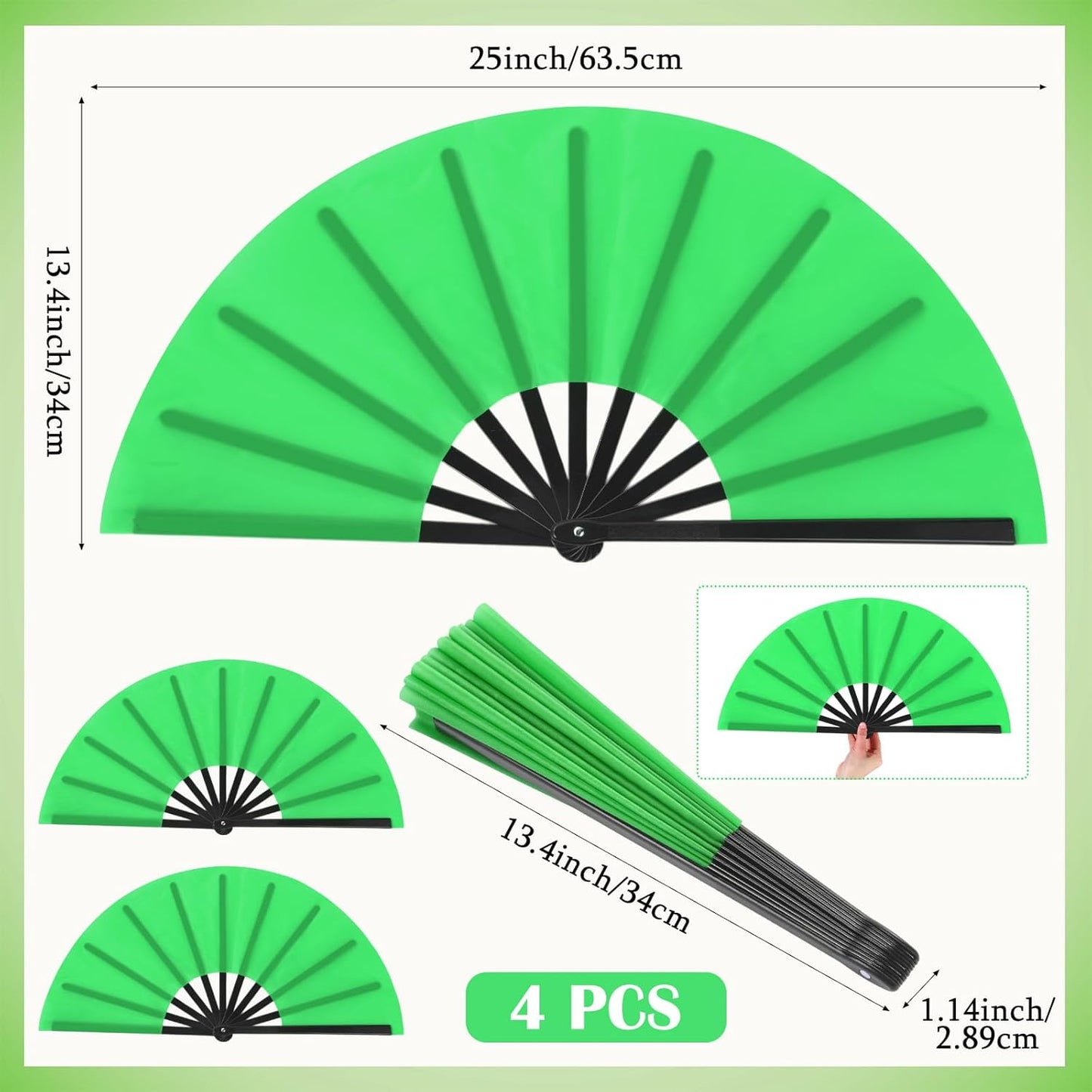 Maitys 4 Packs Large Clap Fans for Line Dancing Large Chinese Folding Hand Fans for Men and Women, Festival, Tai Ji, Kungfu, Martial Art, Gifts (Green)