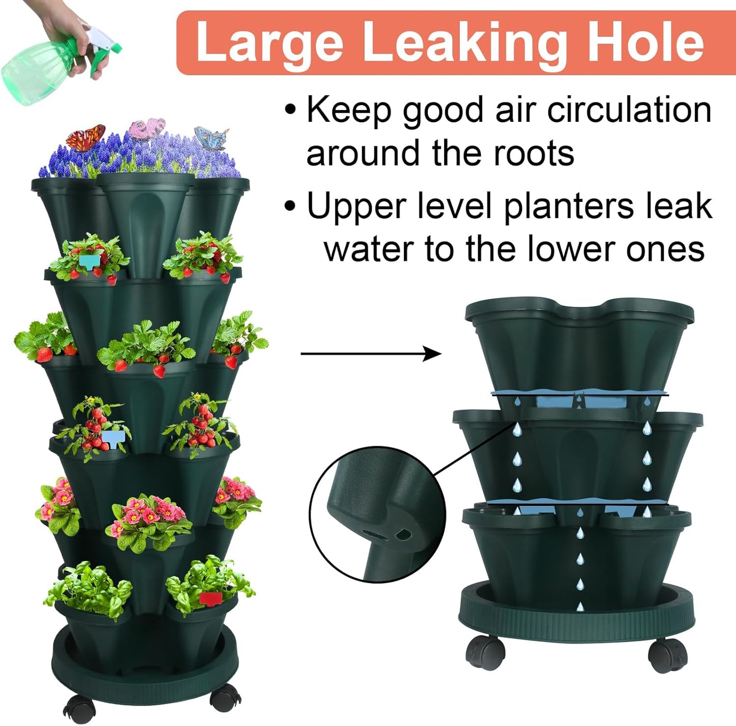 Vertical Planter, 6 Tier Stackable Strawberry Planter with Garden Tool Set, Movable Indoor/Outdoor Garden Herb Pot for Growing Vegetables and Succulents, Green