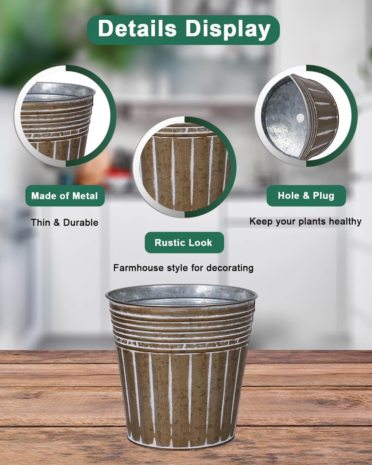 6 Inch Brown Metal Rustic Flower Pots - 6Pcs Galvanized Planters with Drainage Hole and Rubber Plug, Rustproof Small Metal Bucket Plant Pots Farmhouse Vintage Style for Decor