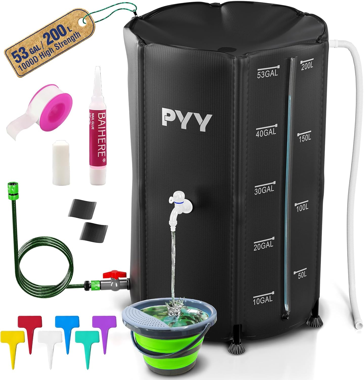 PYY Rain Water Collection Barrel - 53 Gallon Black Water Storage Tank with Spigot, Hose and Portable Bucket, Large Plastic Collapsible Rain Catcher Catchment System to Collect Rainwater from Gutter