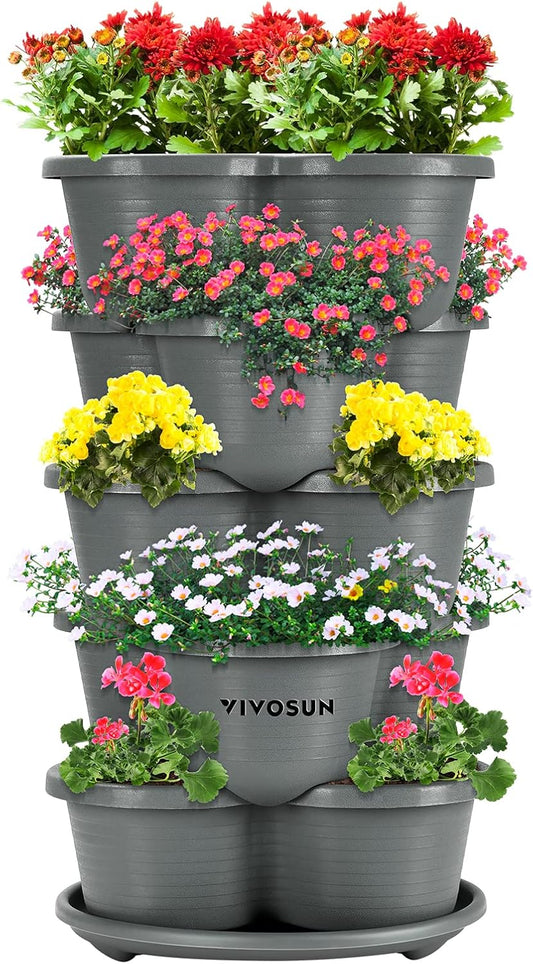 VIVOSUN 5 Tier Vertical Gardening Stackable Planter for Strawberries, Flowers, Herbs, Vegetables, Grey
