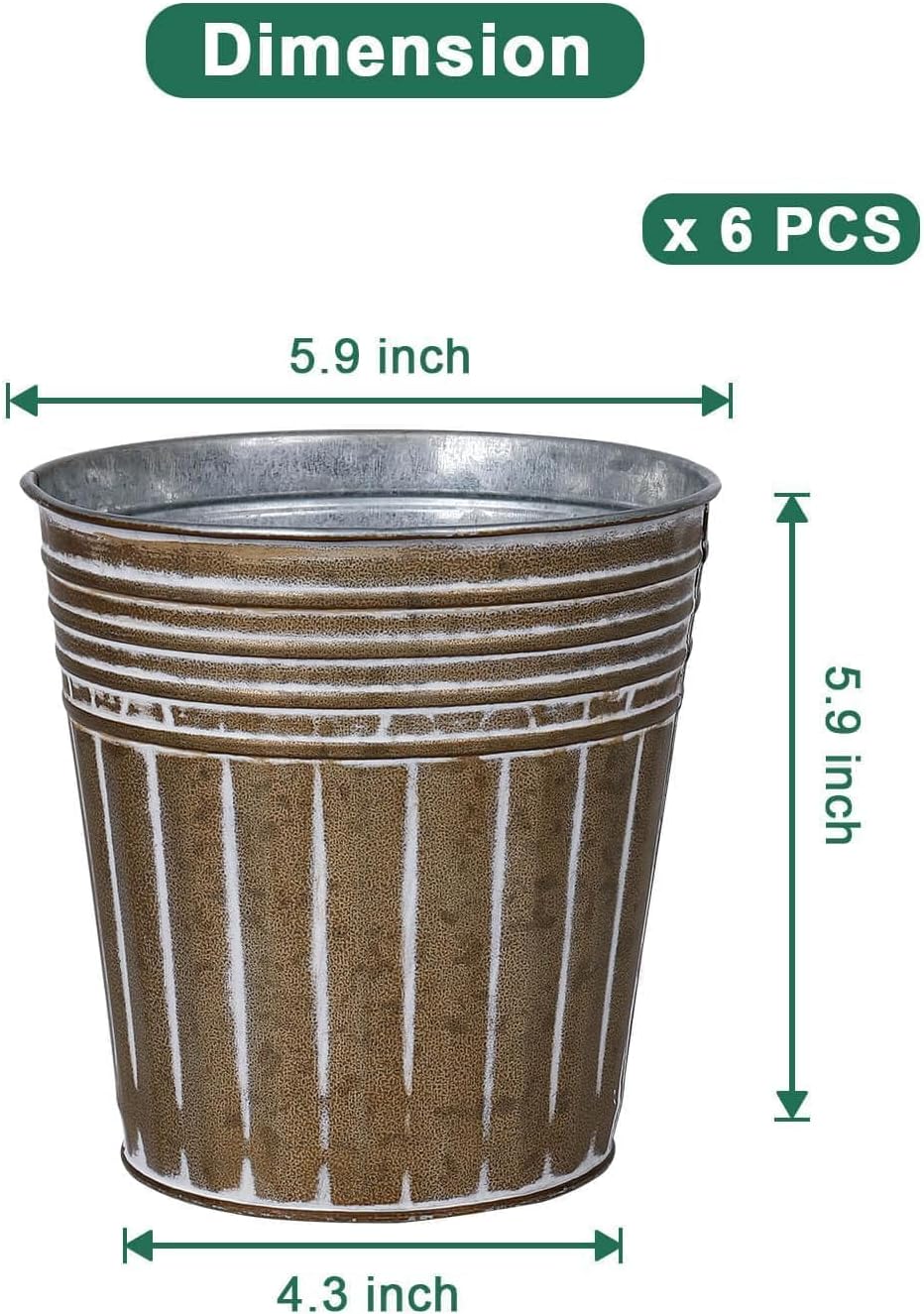6 Inch Brown Metal Rustic Flower Pots - 6Pcs Galvanized Planters with Drainage Hole and Rubber Plug, Rustproof Small Metal Bucket Plant Pots Farmhouse Vintage Style for Decor