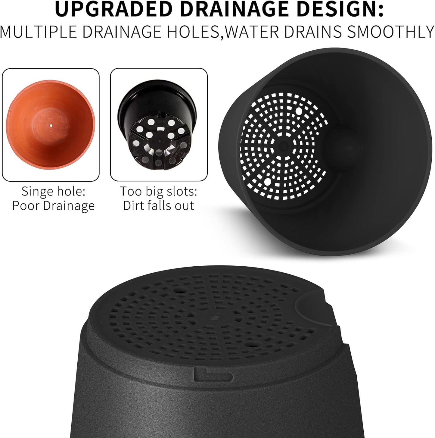 GARDIFE Plant Pots 8/7/6.5/6/5.5/5 Inch Self Watering Planters with Drainage Hole, Plastic Flower Pots, Nursery Planting Pot for All House Plants, African Violet, Flowers, and Cactus,Black