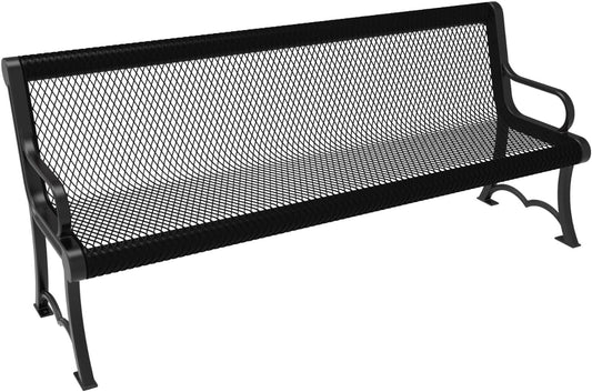 Heavy-Duty Outdoor Bench Thermoplastic Coated, Expanded Metal, Commercial-Grade Garden Bench, Made in America (Portable with Back, 6 Ft, Textured Black)