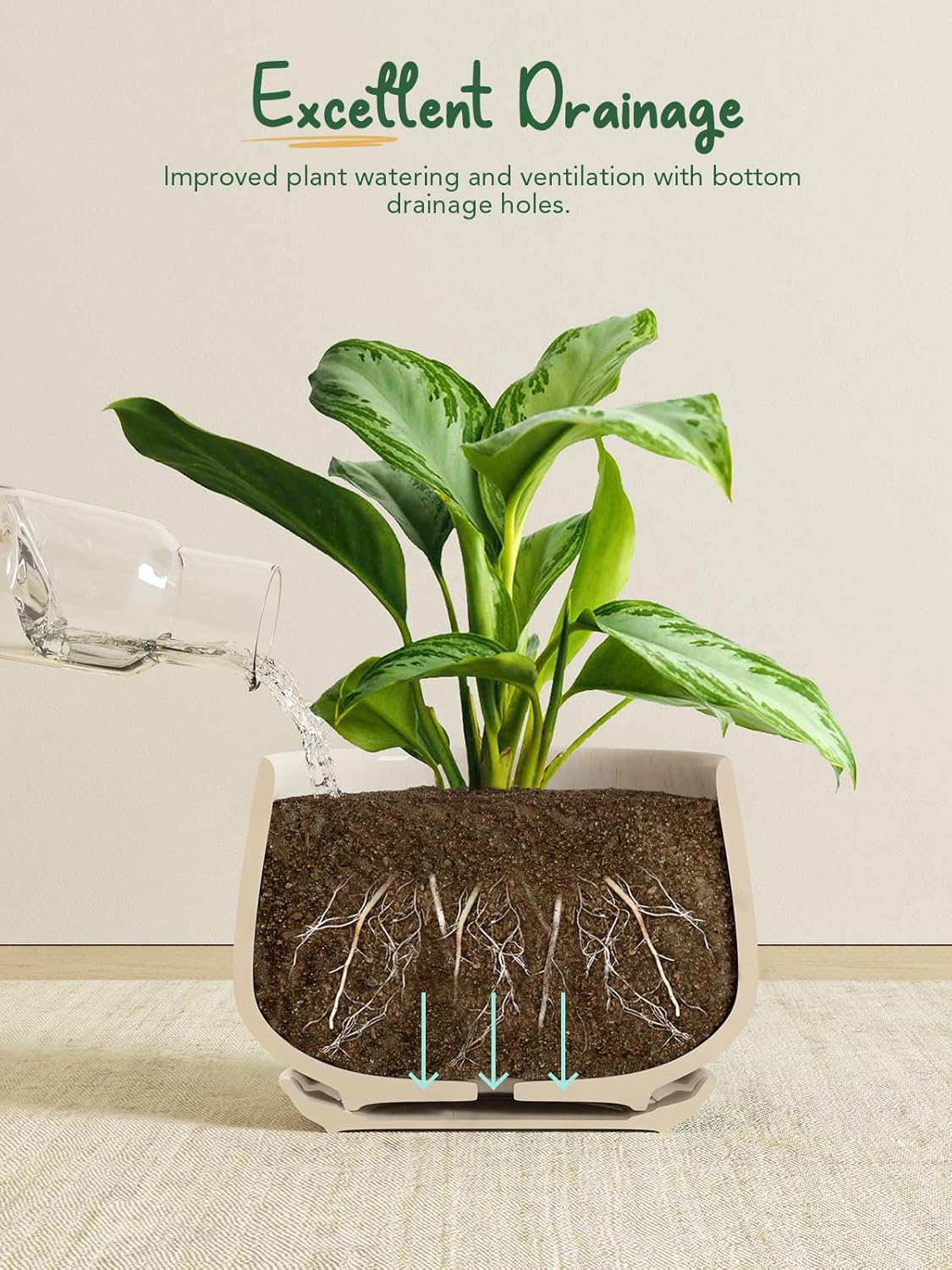 LE TAUCI Plant Pots, 4.1+5.1+6.5 inch, Set of 3, Ceramic Planters with Drainage Hole and Saucer, Indoor Flower Pot with Hole Mesh Pad, Gifts for Mom, Reactive Glaze Beige