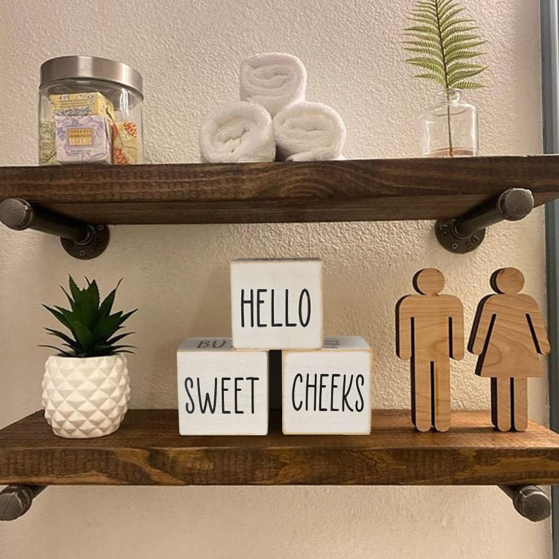 Funny Farmhouse Bathroom Decor and Accessories for Shelf, 4-Sided Wooden Blocks - Nice Butt&Get Naked&Hello Sweet Cheeks&Wash Your Hands Sign, Modern Rustic Restroom Decorations, White 2.8"