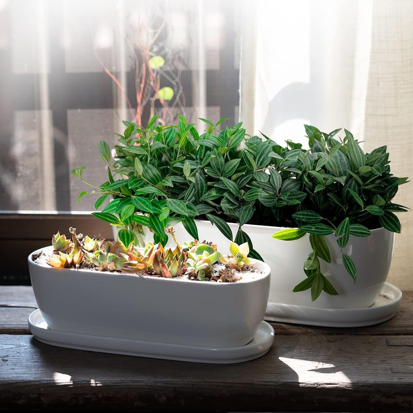 E-liu Oval Ceramic Planter Pot with Drainage Hole Saucers 14 Inch Succulents Planter Home Decor for Indoor Outdoor Plants Herb Cactus with 3 Mesh Pads, Plants Not Included